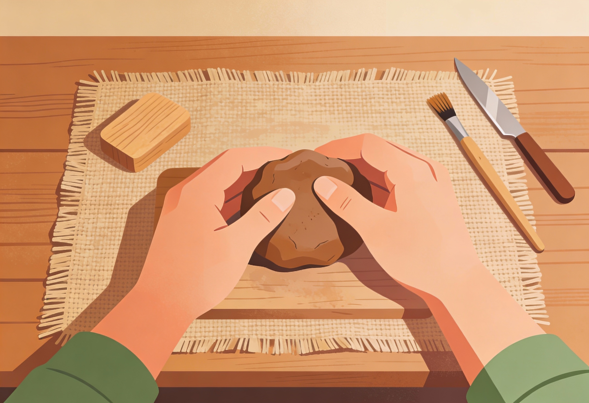 Hands working on a handmade object in a calm artisan workshop.