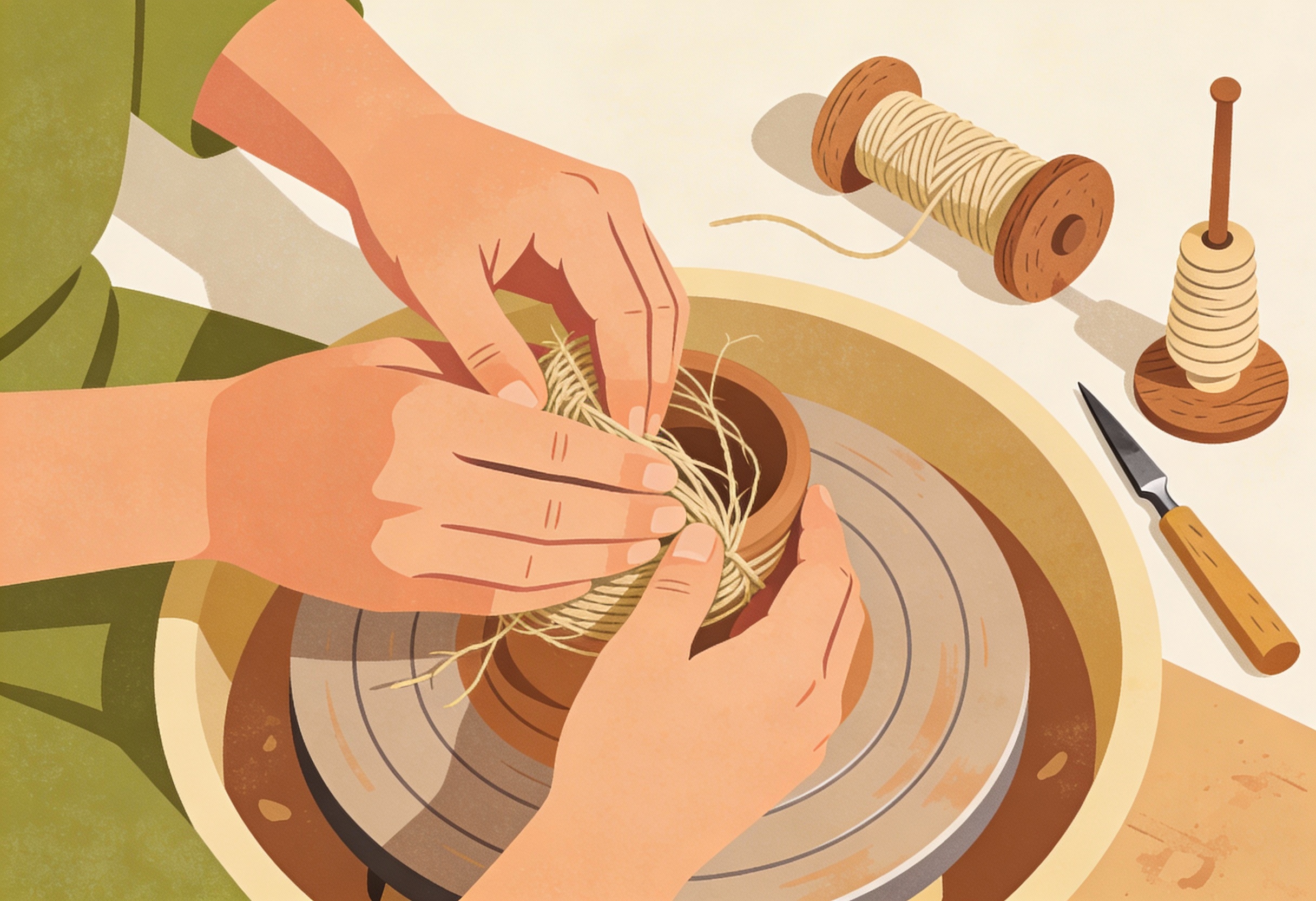 Hands shaping a handmade object in a calm, naturally lit workshop.